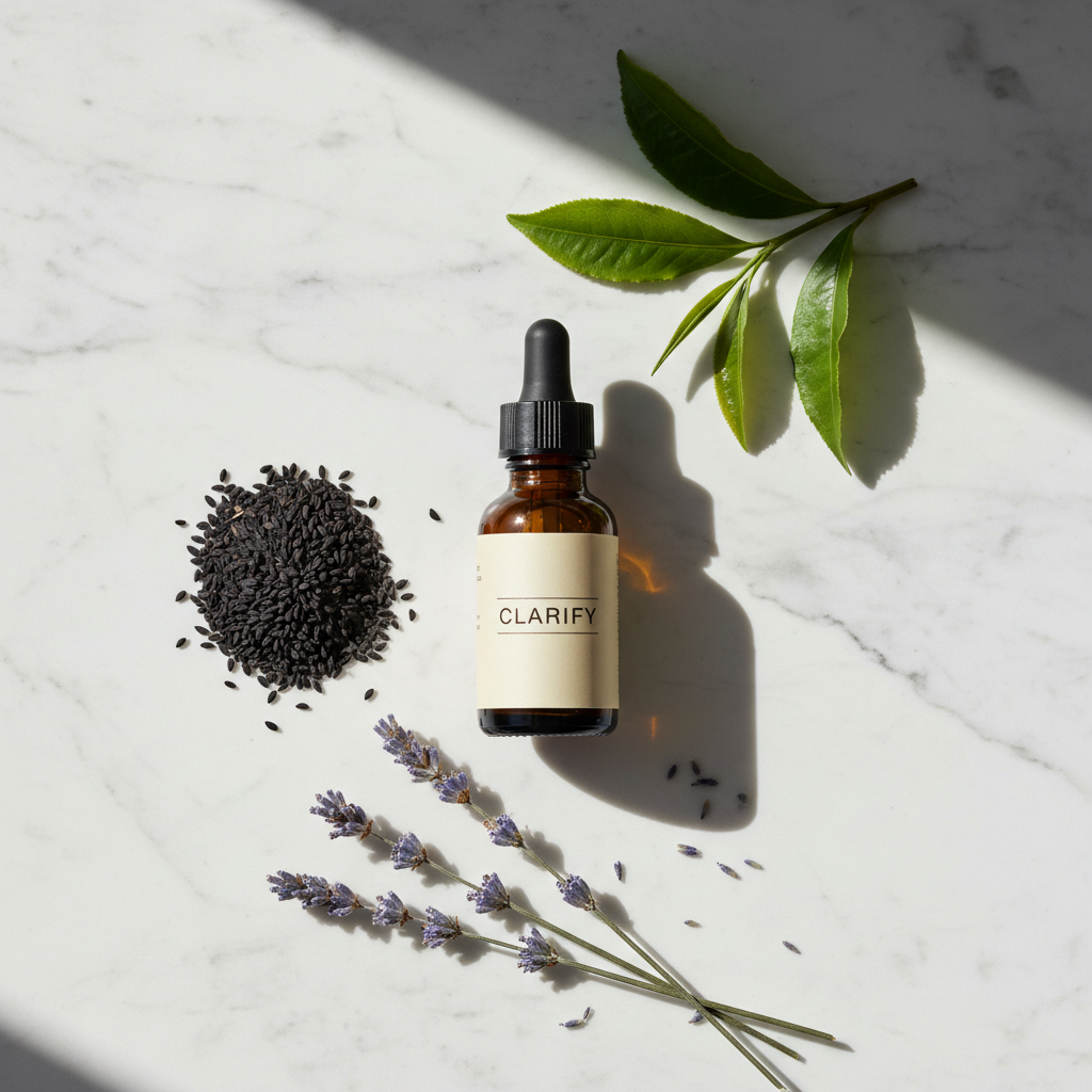 Clarify Ayurvedische Gezichtsolie lifestyle flat lay