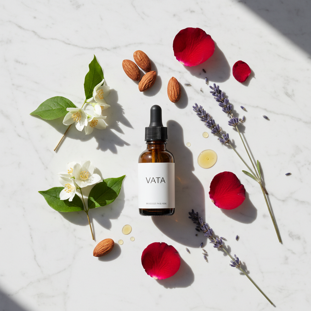 Vata Ayurvedische Gezichtsolie lifestyle flat lay
